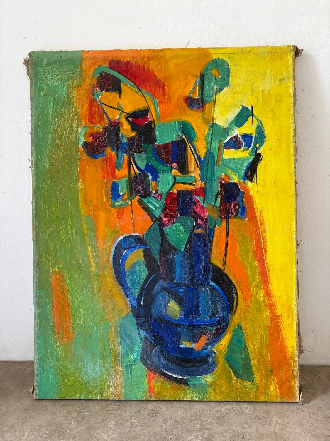 Bouquet of flowers in a blue vase, knife technique.