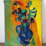 Bouquet of flowers in a blue vase, knife technique.