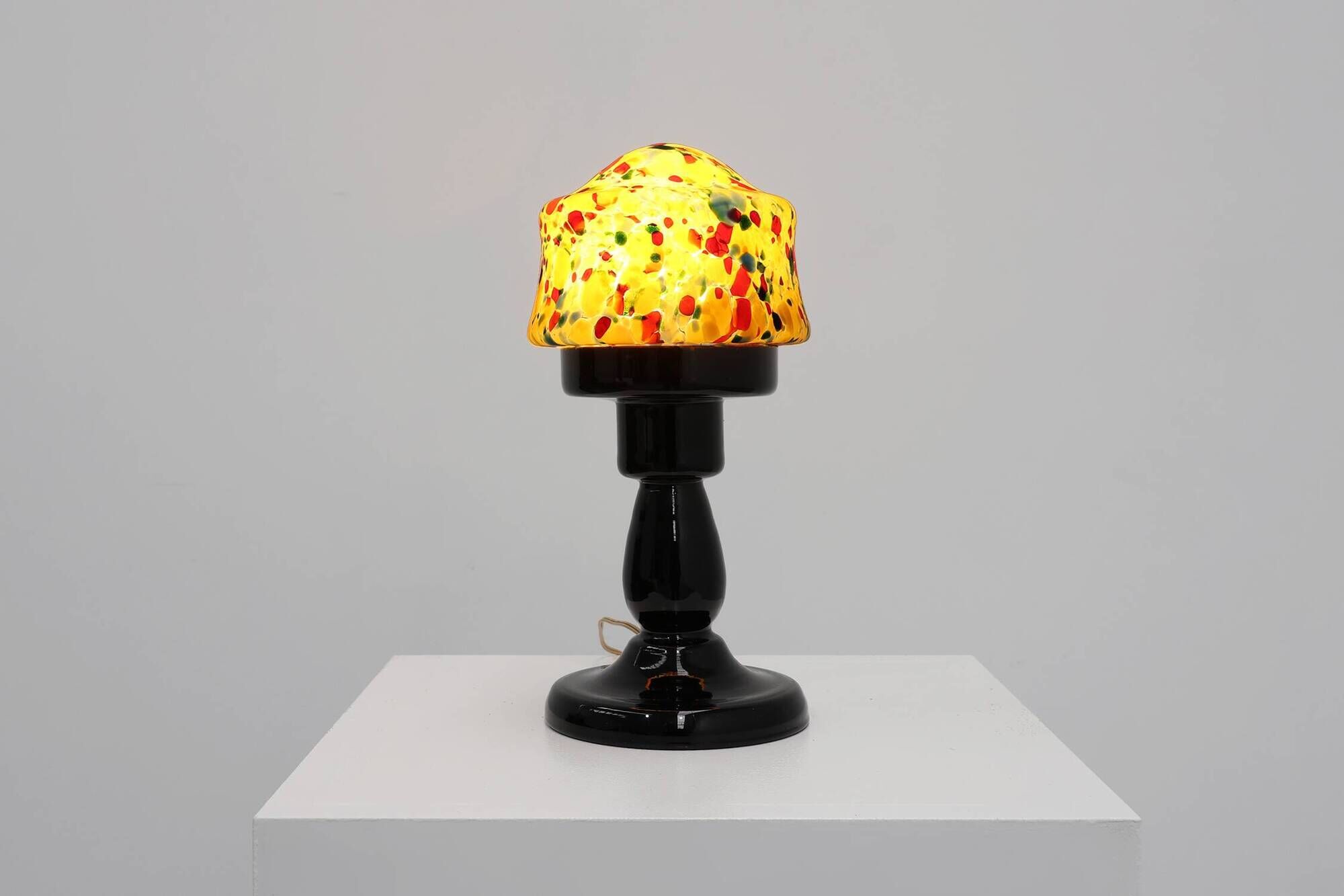 French Art Deco Table Lamp with Multicolored Spatter Glass Shade and Black