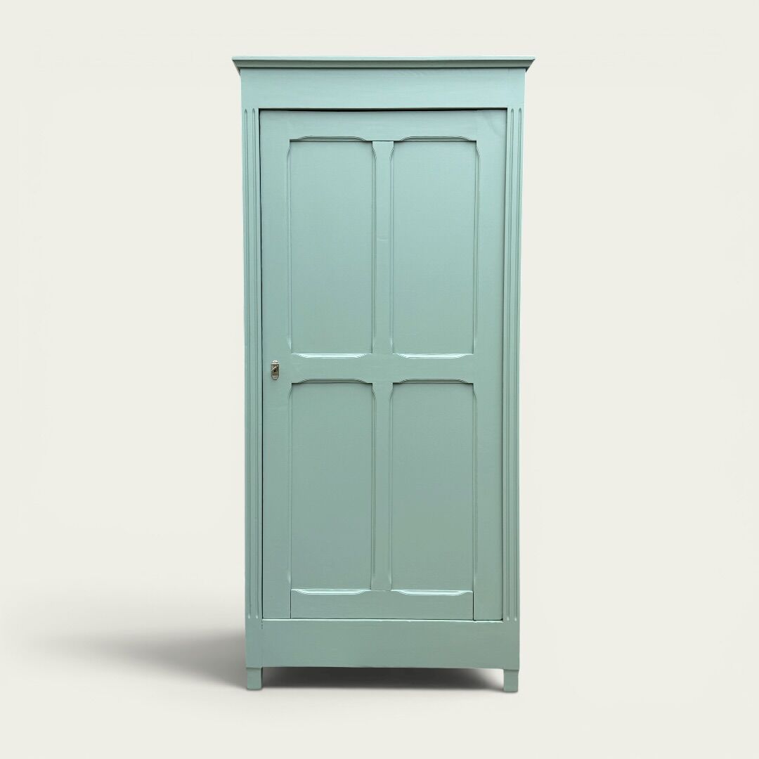 Antique Parisian wardrobe in grey-green solid pine.