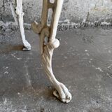 Pair of cream-white cast iron side tables with wooden tops — neoclassical shabby-chic