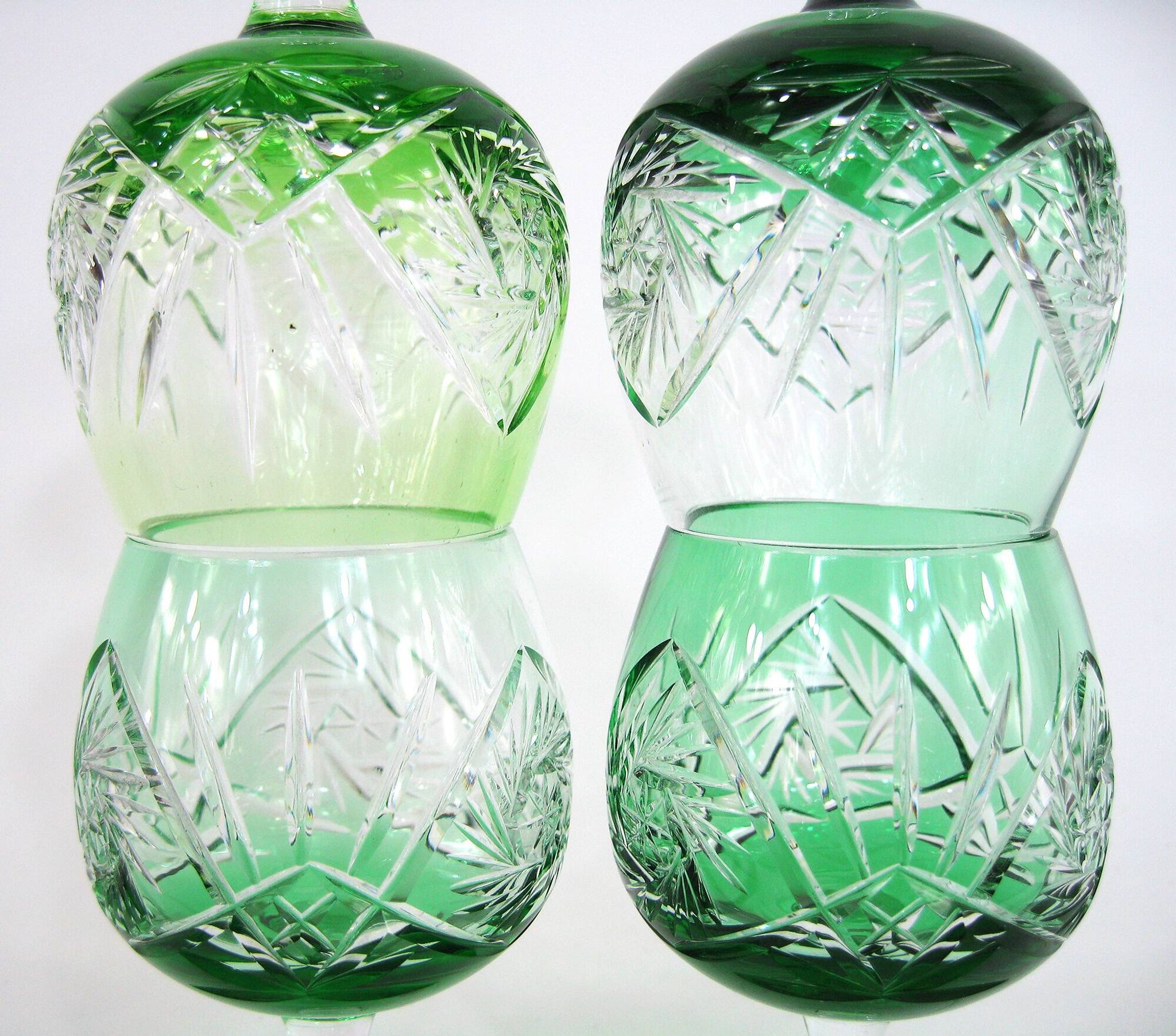 4 green cut crystal liqueur glasses - made in Germany - vintage 60s