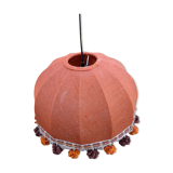 Suspension lampshade dome orange jute, brown pompoms, seventies