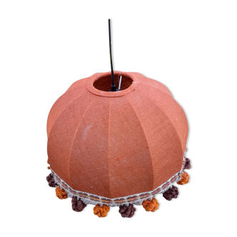 Suspension lampshade dome orange jute, brown pompoms, seventies