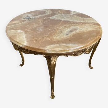 Round onyx coffee table with vintage brass base 1950