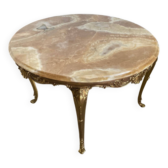 Round onyx coffee table with vintage brass base 1950