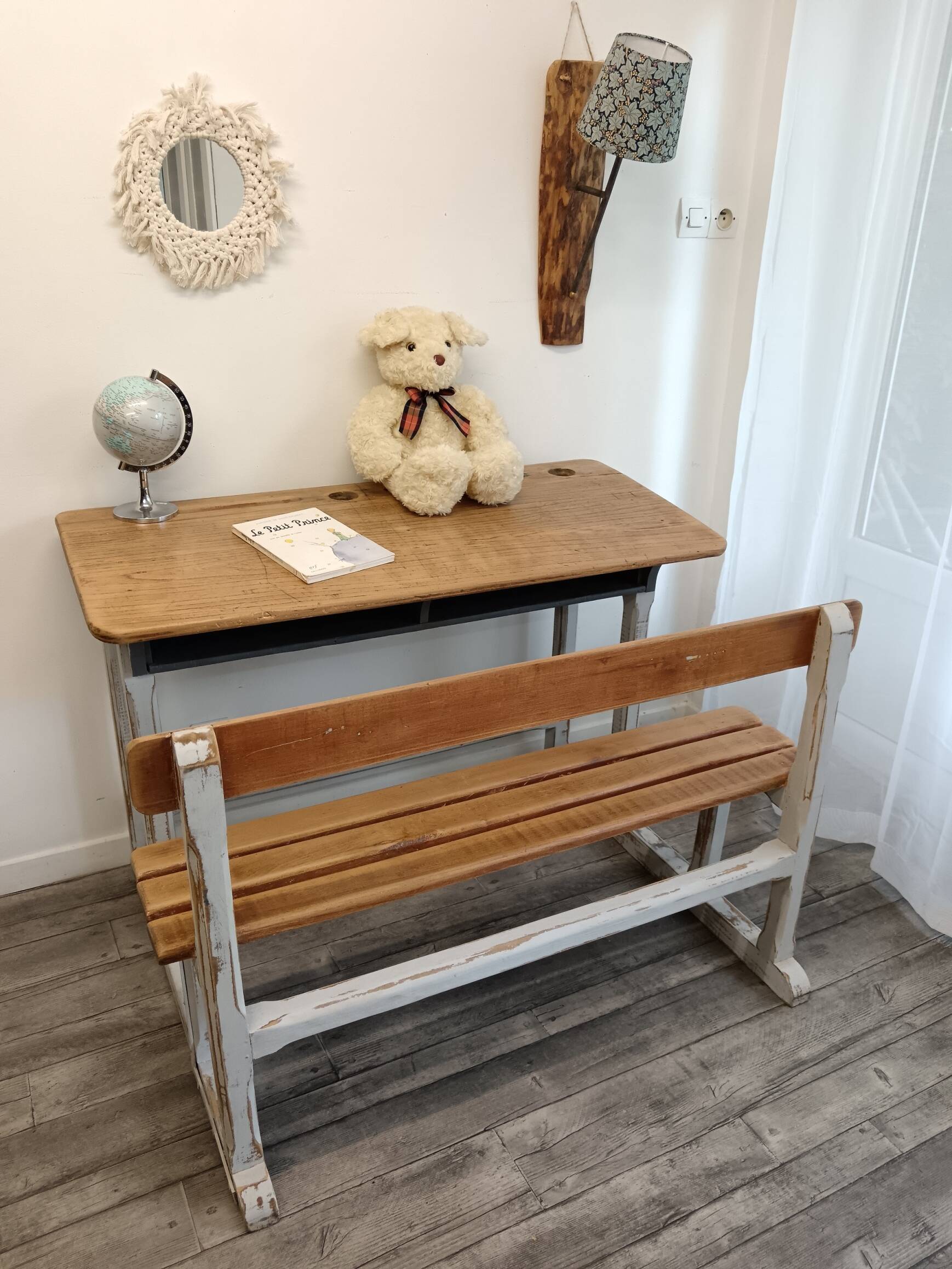 Double school desk in wood and patinated gray
