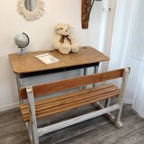 Double school desk in wood and patinated gray