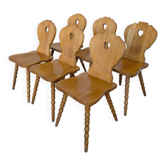 Set of 6 Vintage Tyrolean Heart Cutout Wooden Dining Chairs, Farmhouse