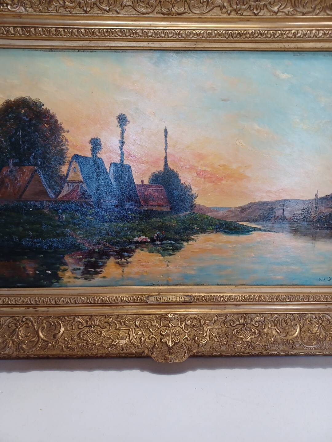 Large painting by Henry Jacques Delpy, Banks of the Seine at Dusk. Early 20th century.