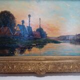 Grand tableau de henry jacques delpy, bord de seine au crepuscule. debut xx ème siècle.
