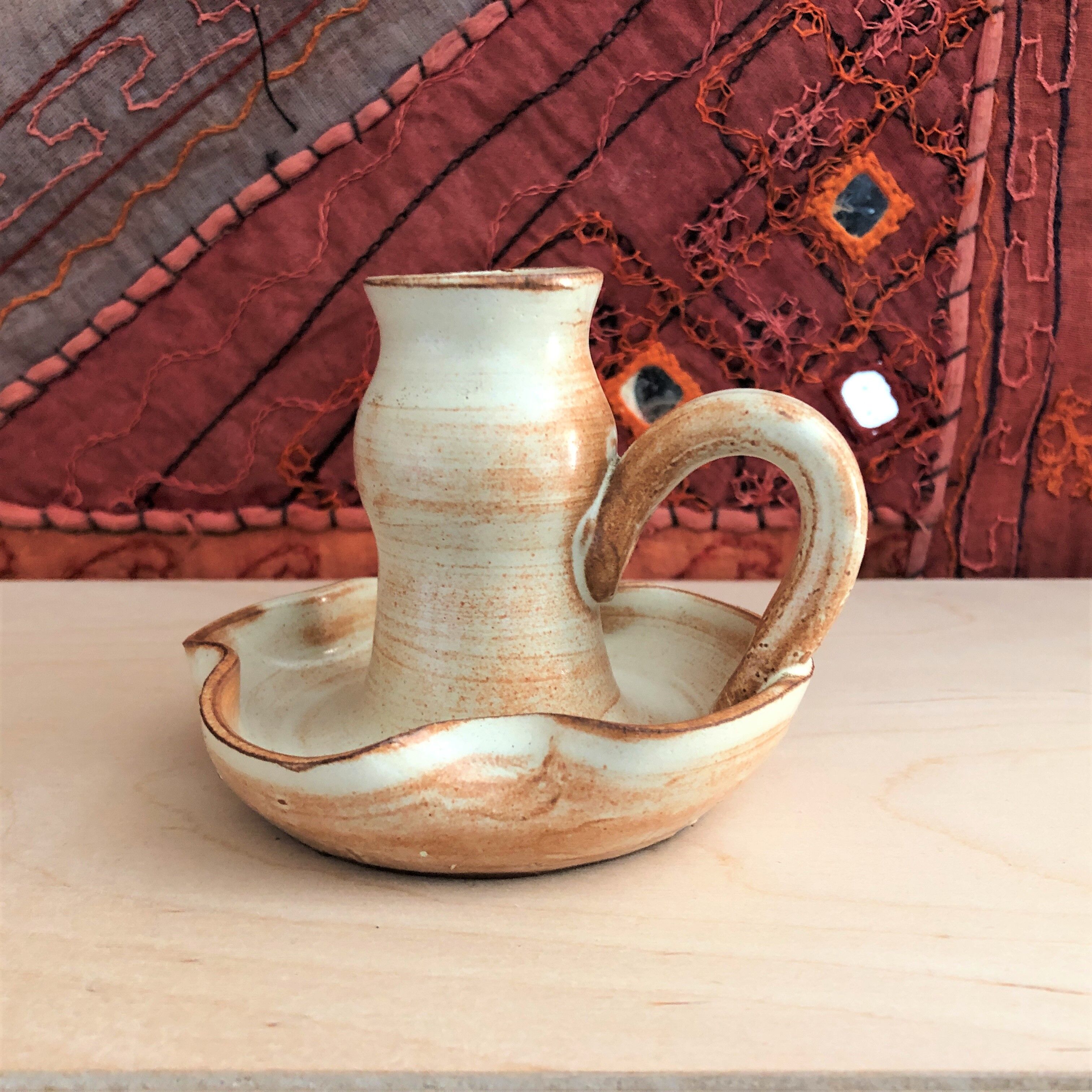 Handmade candle holder in vintage stoneware