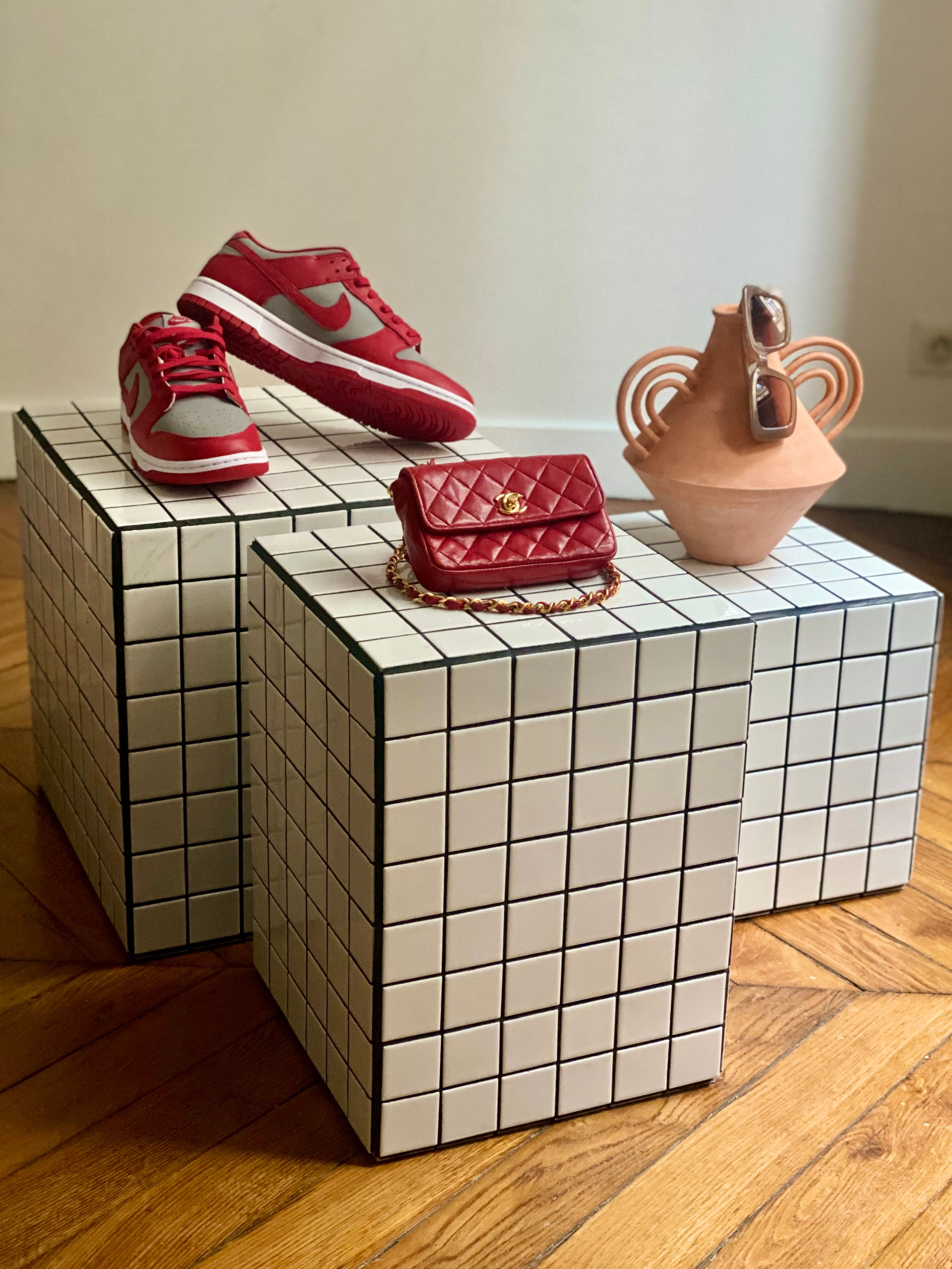 Side table cube gigi tile mosaic white joint black sofa end