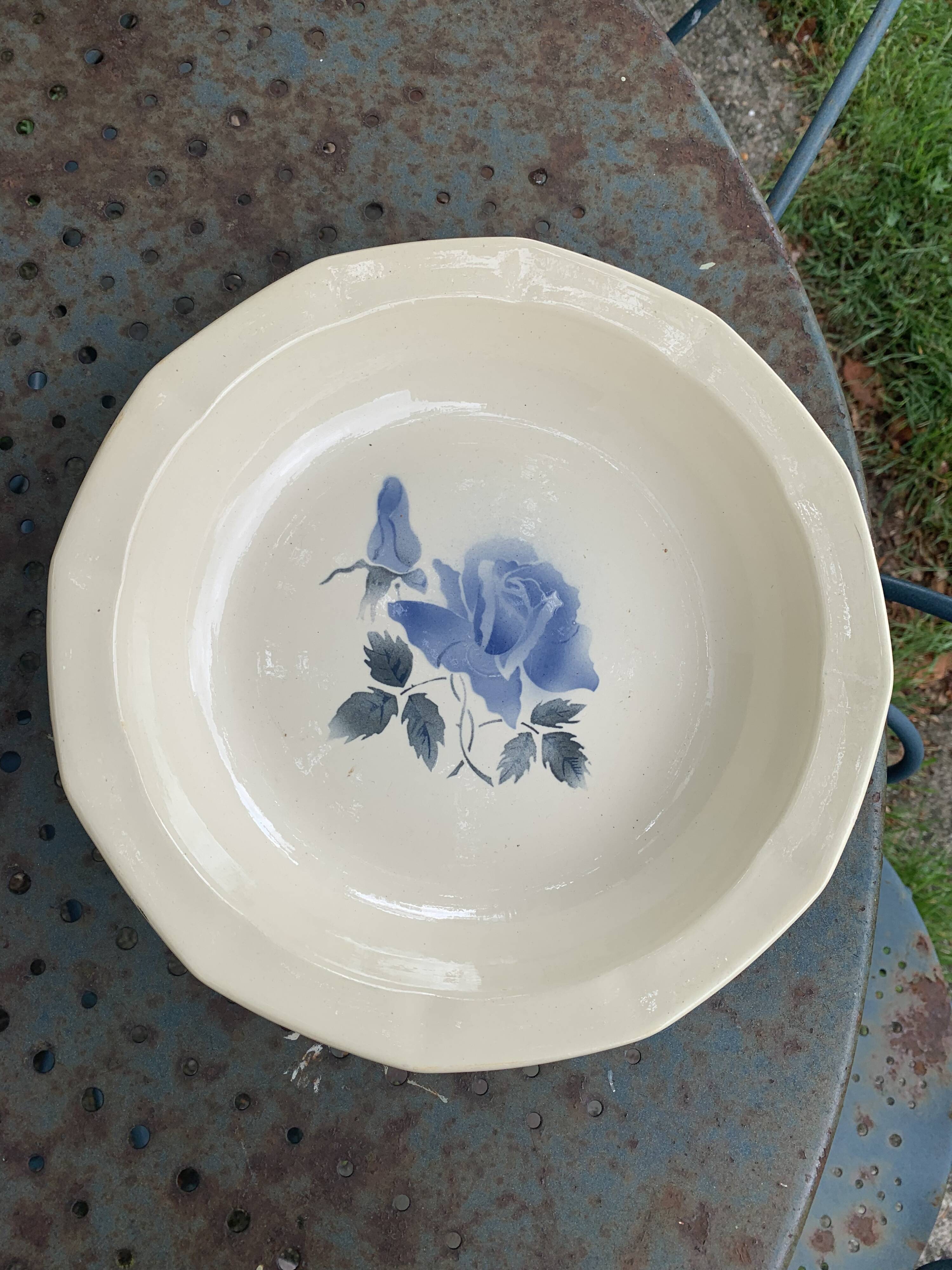 Digoin France cake dish with antique blue rose pattern