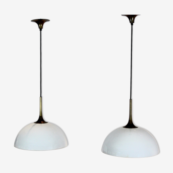 Pair of suspensions in brass and white opal glass by Florian Schulz