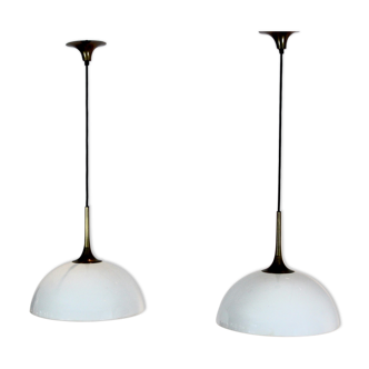 Pair of suspensions in brass and white opal glass by Florian Schulz