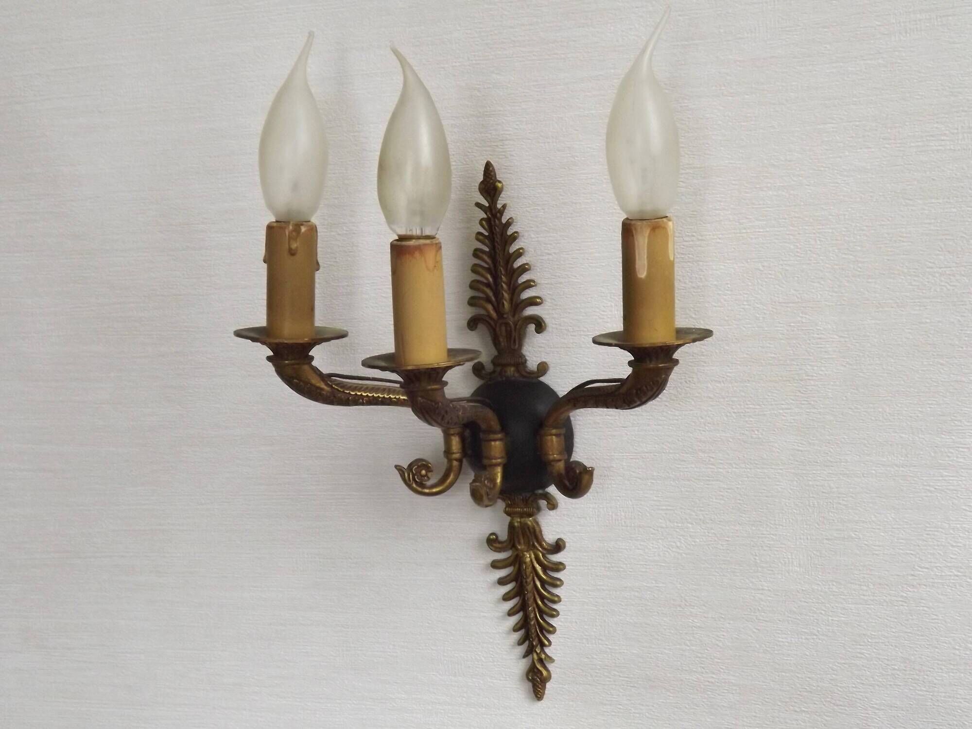 Set of 3 Bronze French Empire Style Triple Light Wall Sconces Neoclassical