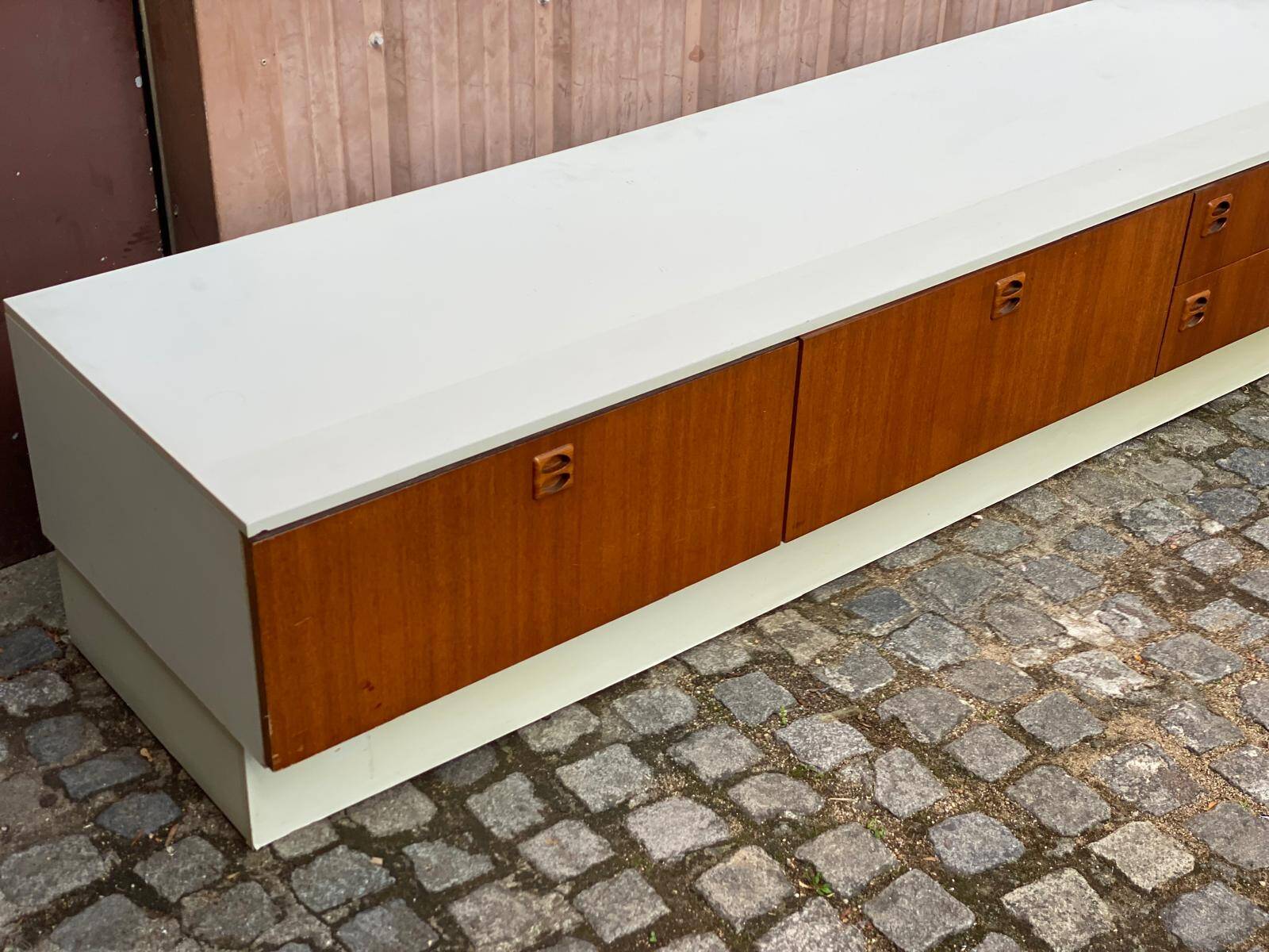 Large Scandinavian low sideboard 220x50cm solid teak & white TV unit 196