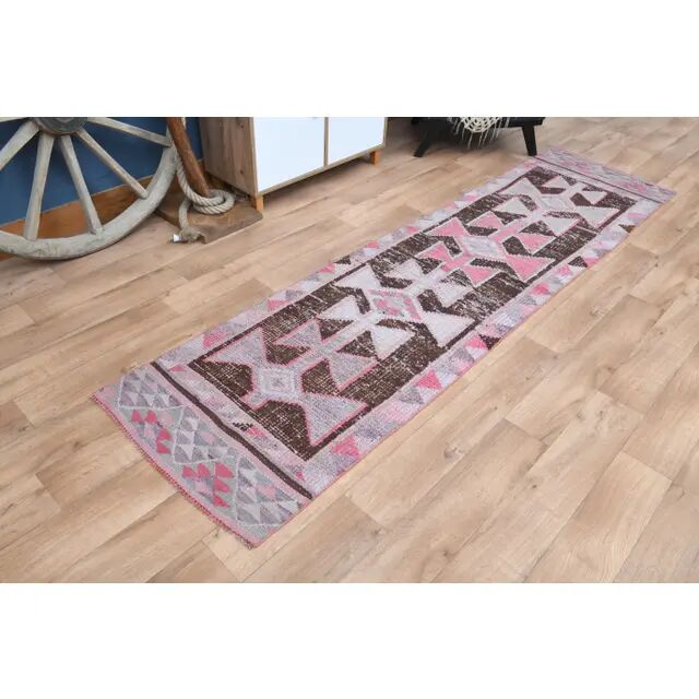 Vintage Turkish Oushak pink handmade wool runner rug 82x311