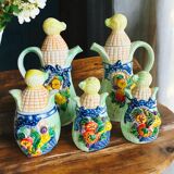 Vintage ceramic condiment set, barbotine: Salt, pepper, sugar, oil and vinegar