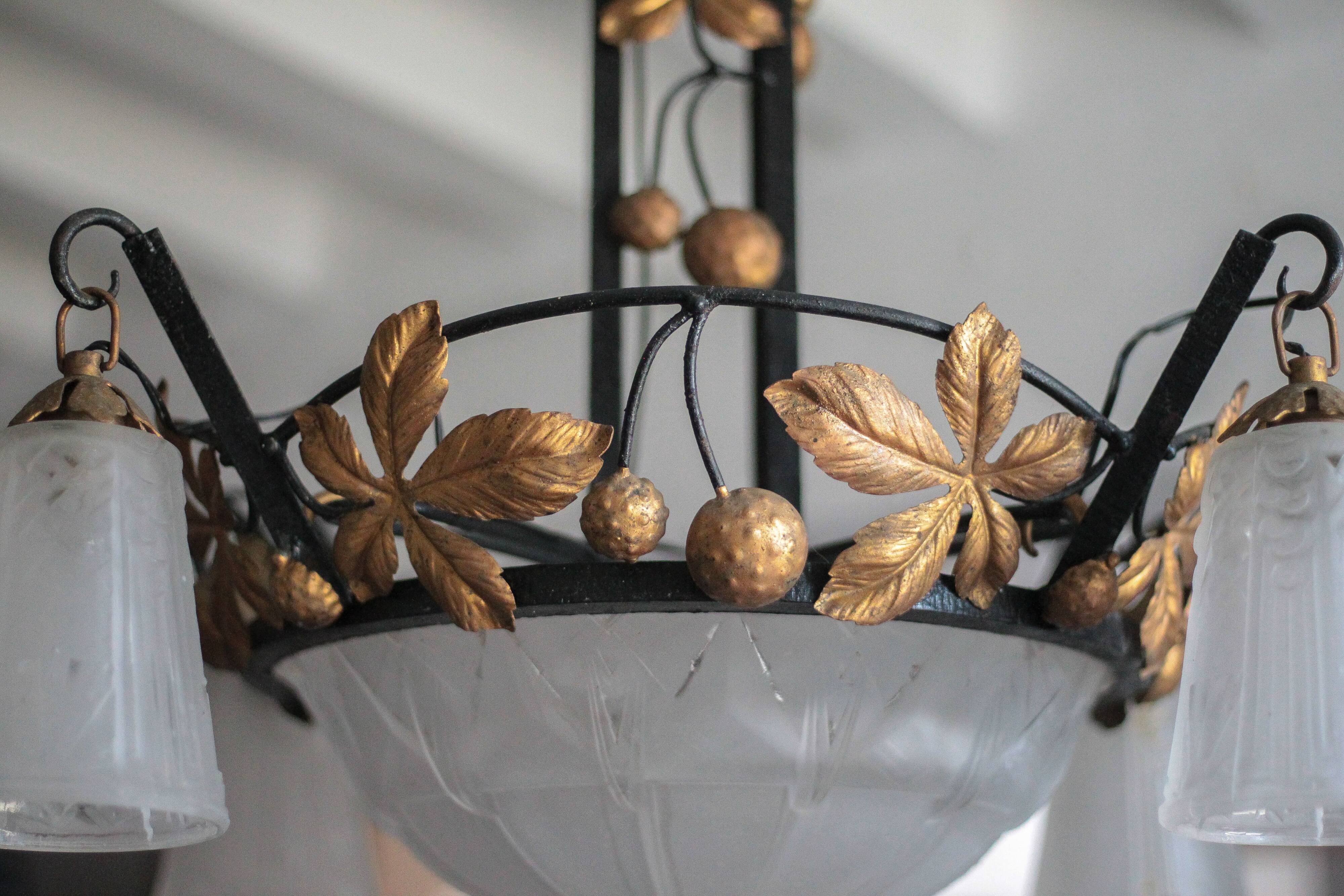 Art Deco wrought iron and glass chandelier Muller Frères Luneville, Art Nouveau