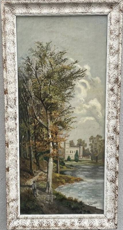 Oil on panel, animated landscape of a walker, Signed Ramos, early 20th century