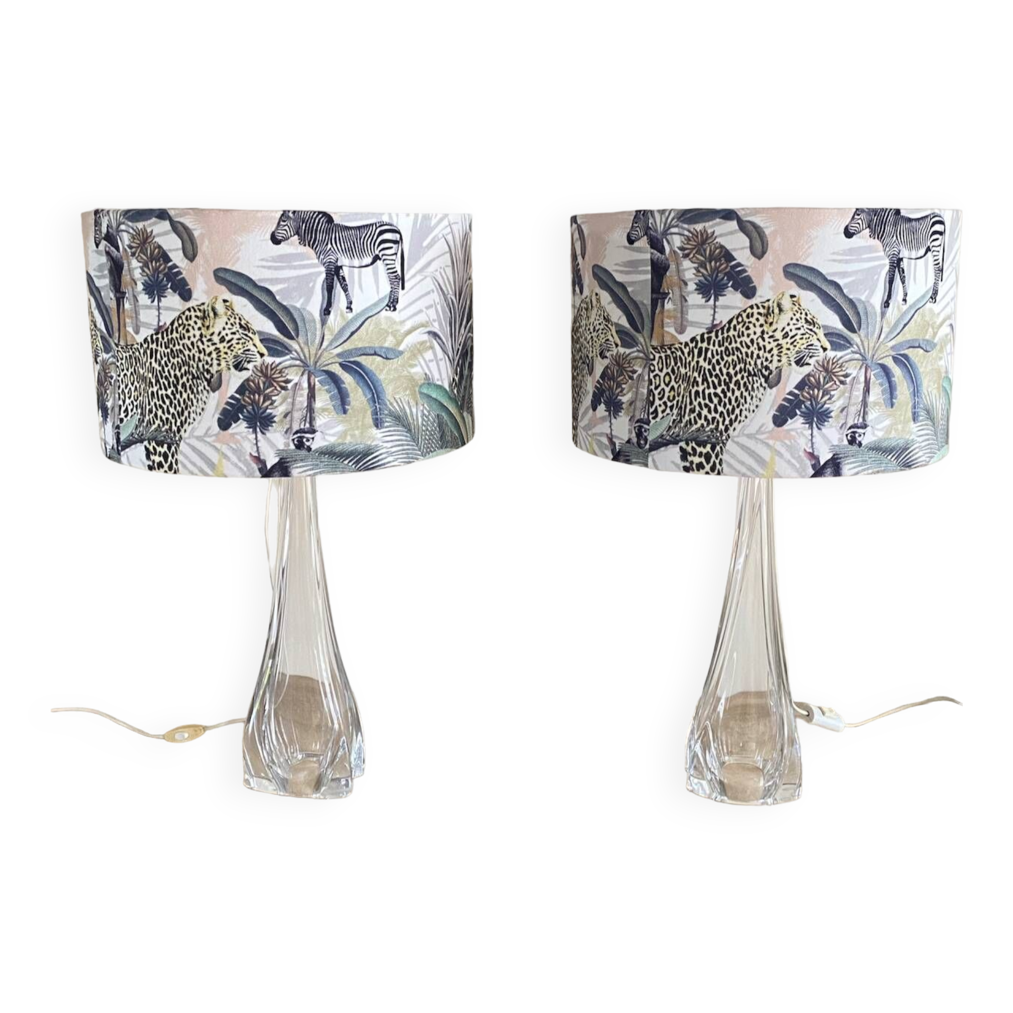 Pair large clear crystal val saint lambert table lamps - belgium 1950's