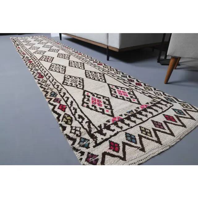 Vintage Turkish Hand-Knotted Wool Cotton White Runner 80x401
