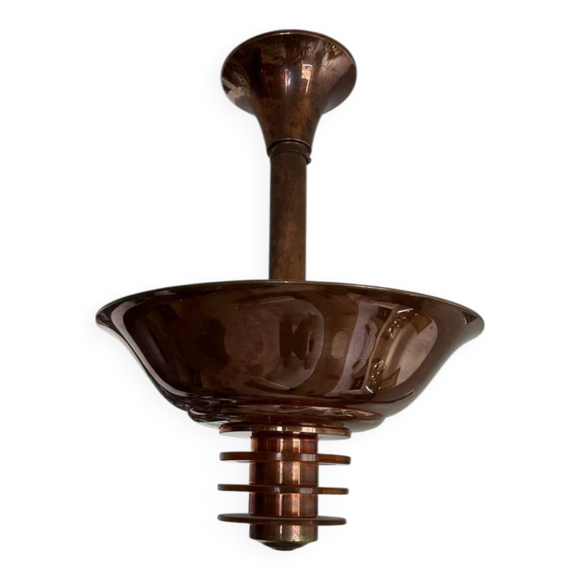 Vintage modernist chandelier, copper and glass, France 1930