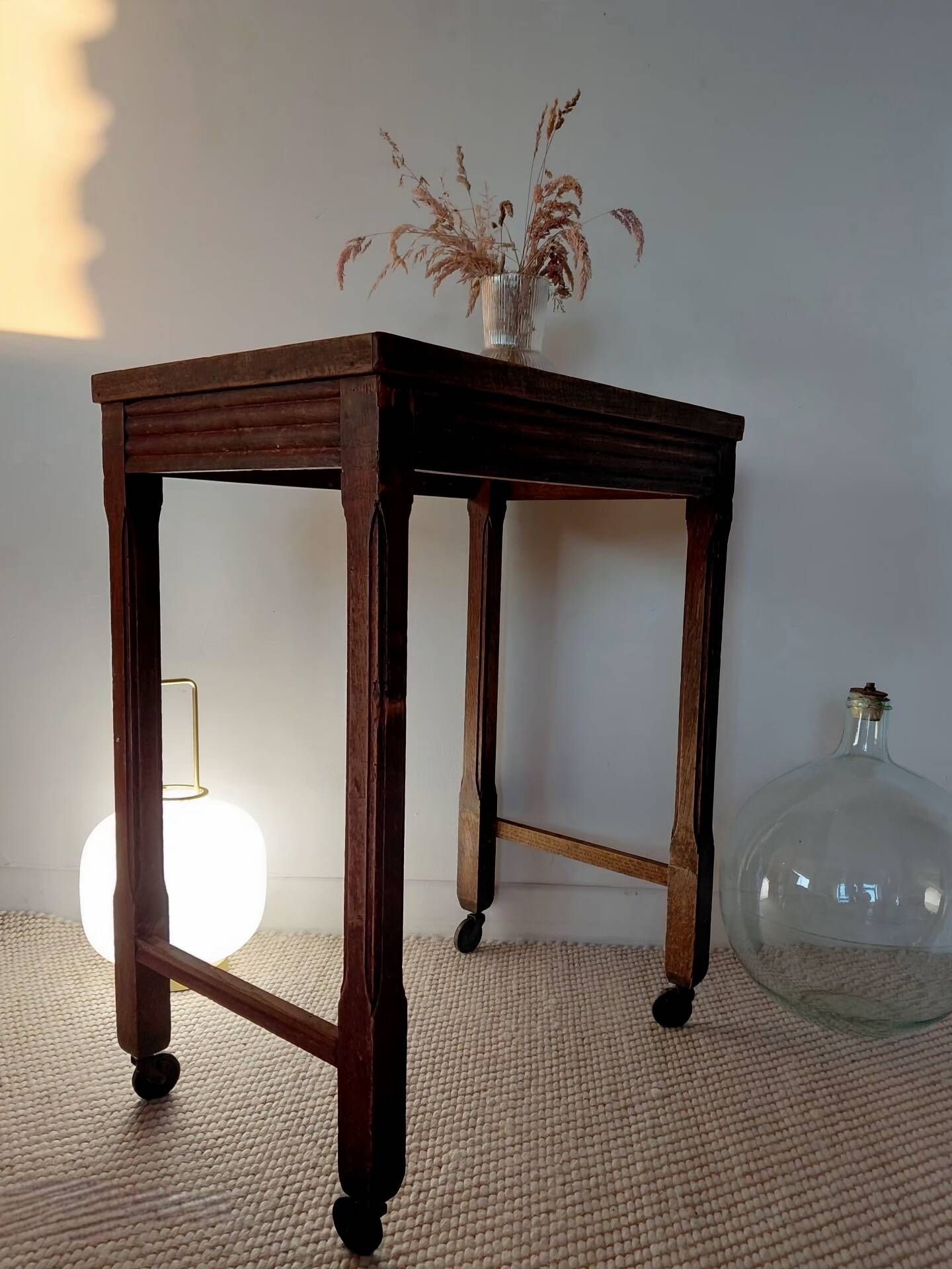 Vintage wooden wheeled side table/console.