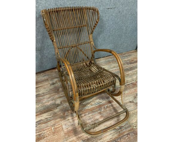 Rocking chair in curved wood and wicker