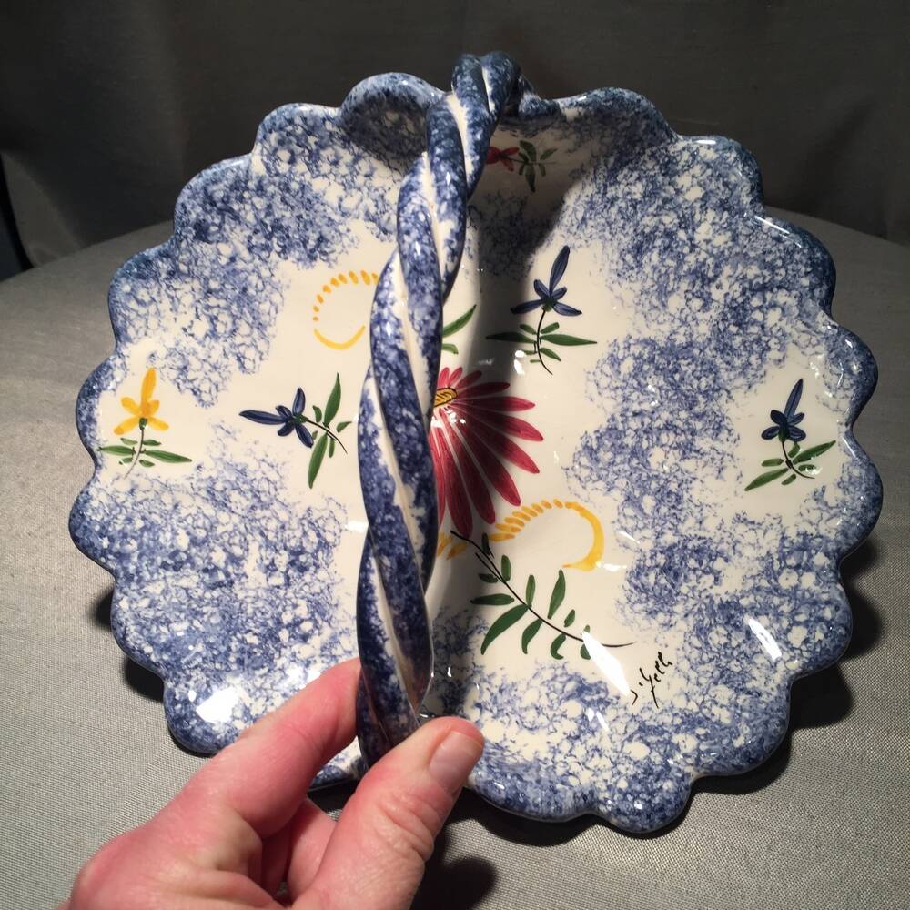 Breton earthenware basket with floral decoration empty pocket fruit cutter