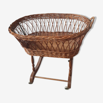 Old vintage rattan crib on wheels, missing a handle 60 by 40cm high 52cm for doll