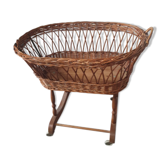 Old vintage rattan crib on wheels, missing a handle 60 by 40cm high 52cm for doll