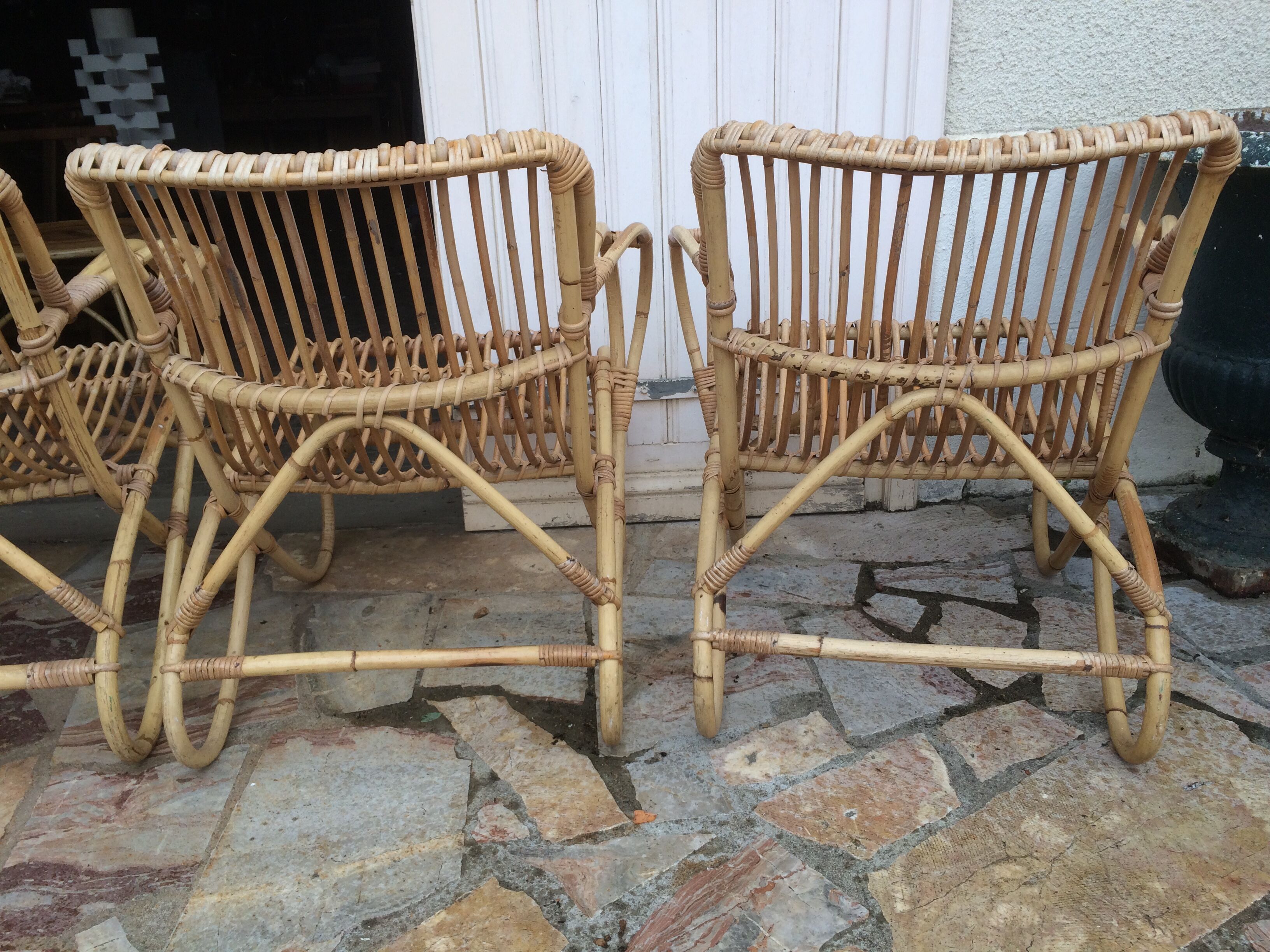 Lounge or garden table and 4 vintage wicker and rattan chairs 60s
