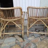Lounge or garden table and 4 vintage wicker and rattan chairs 60s