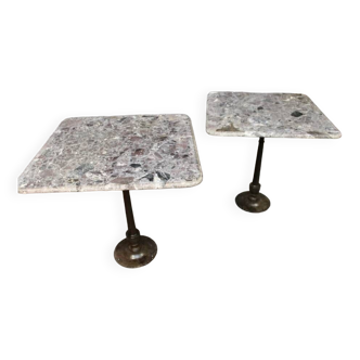 Pair Of Bistro Tables Cast Iron Base Marble Top