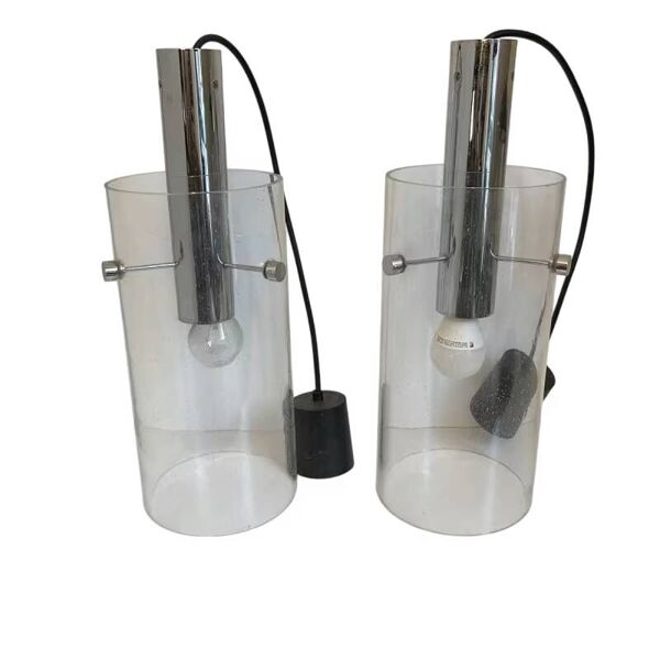 Paire de lampes suspensions cylindriques, verre et acier, glashütte limburg