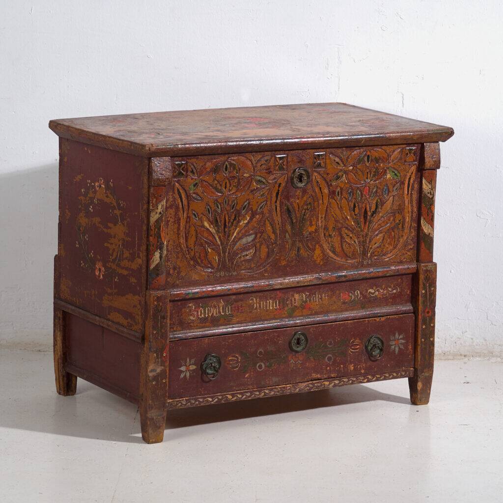 Polychrome pine wedding chest – Central Europe, 1889