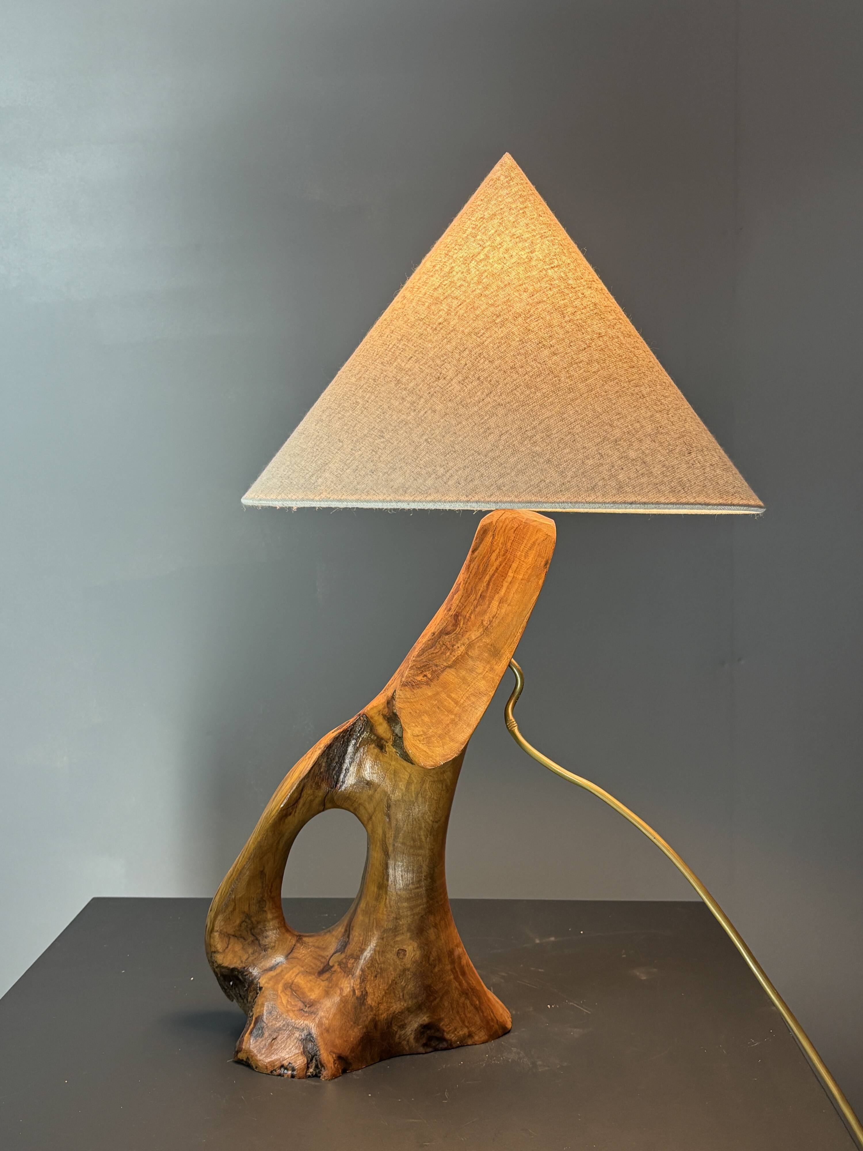 French midcentury brutalist olive wood table lamp, 1950s