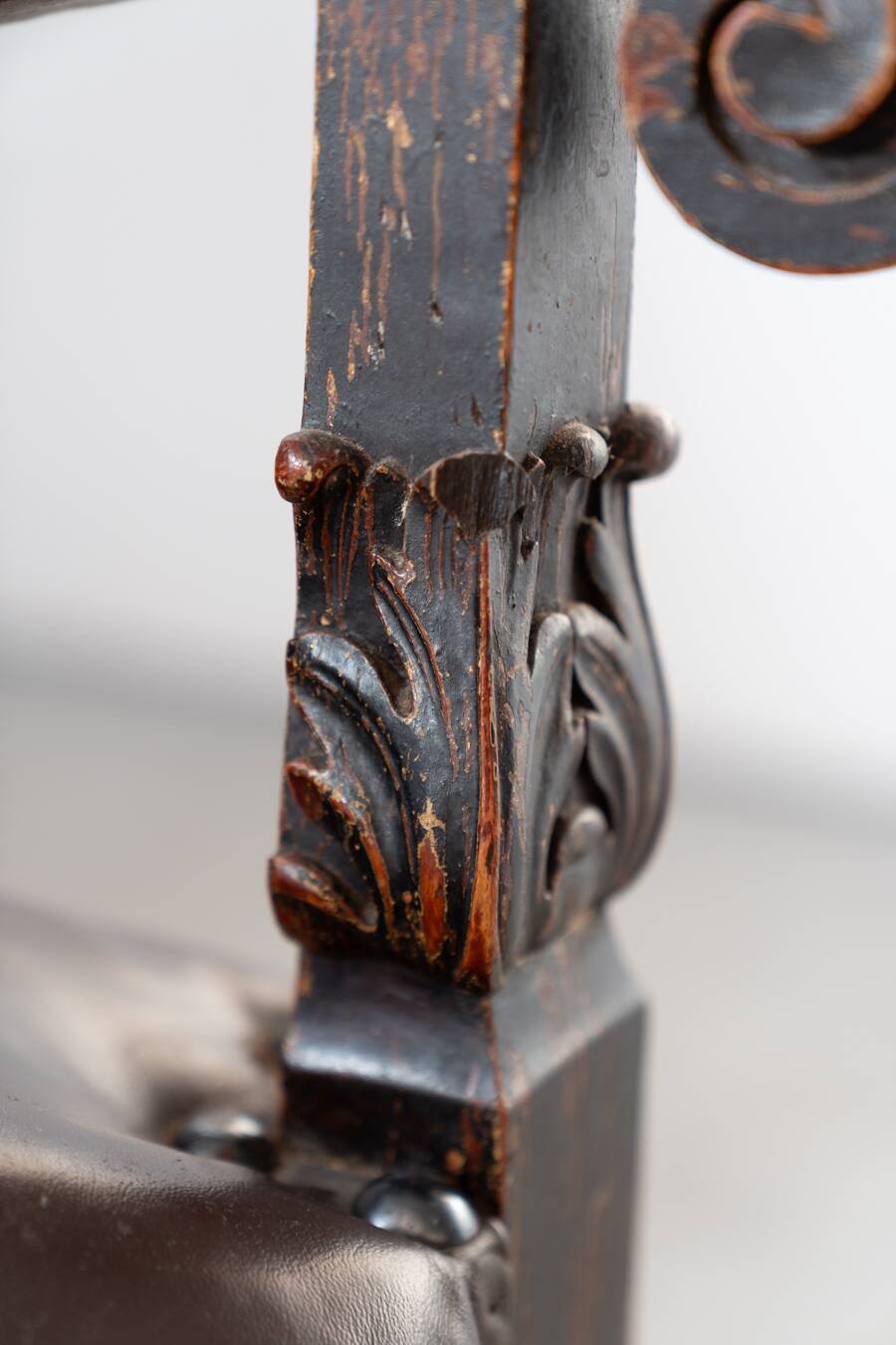 19th century beechwood, metal, and leather throne