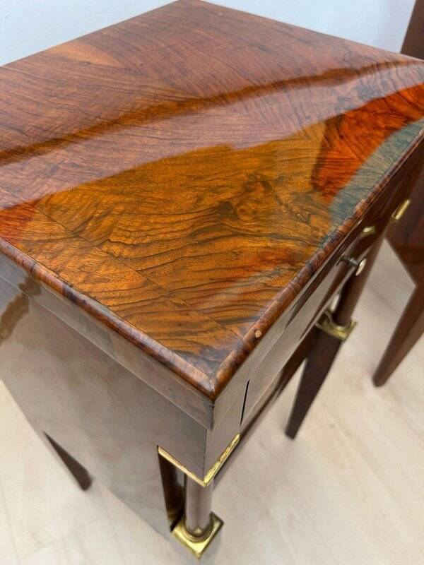Empire Nightstands in Walnut with Full Columns in Gilt Brass, Italy, 1810, Set of 2