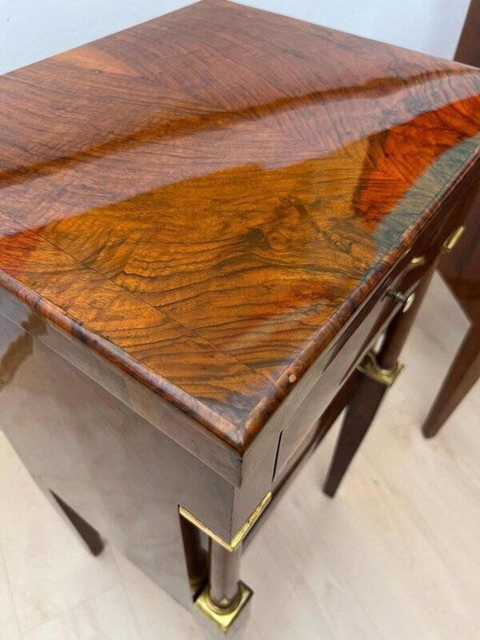 Empire Nightstands in Walnut with Full Columns in Gilt Brass, Italy, 1810, Set of 2