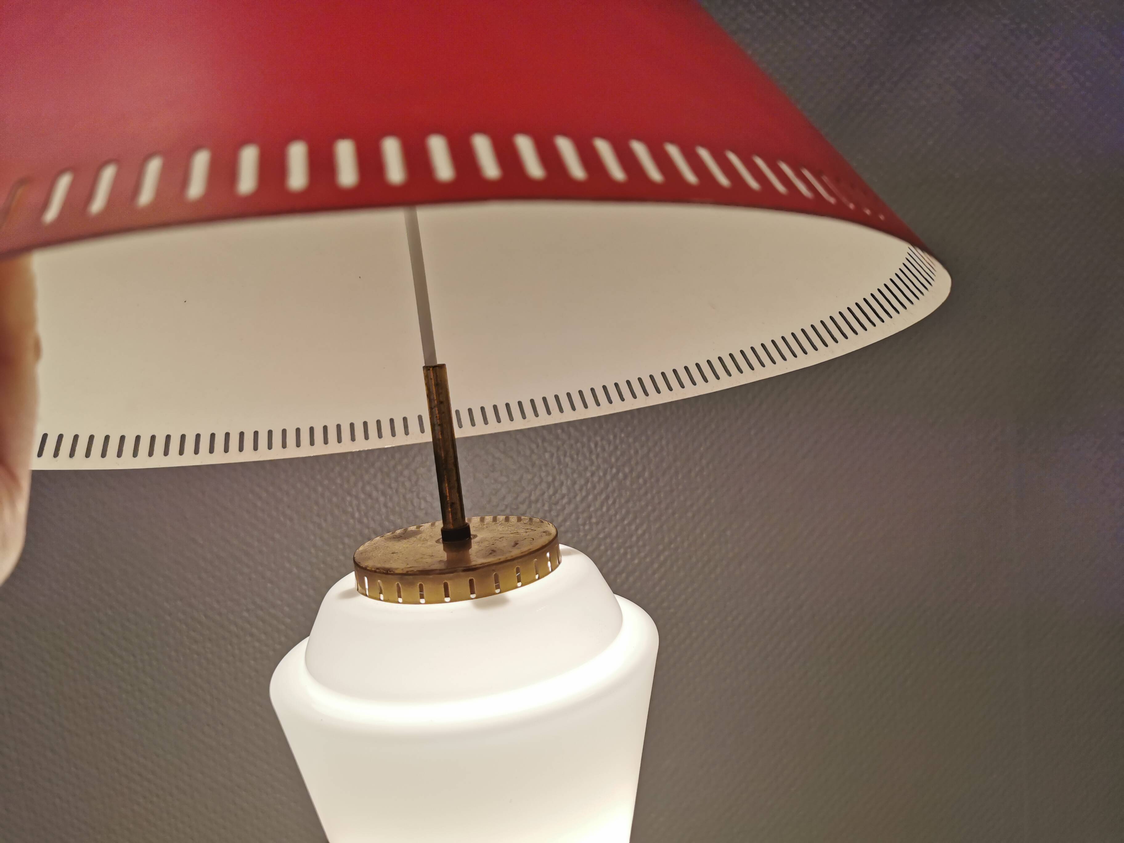 Hanging lamp in red lacquered metal and milky white opal glass 1970s Denmark.