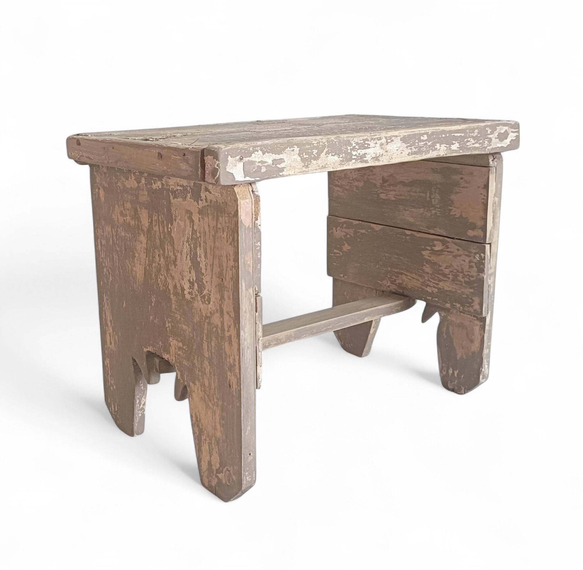 Rustic Weathered Wood Farm Stool/ Accent Table, Spain,  Early 20th-C