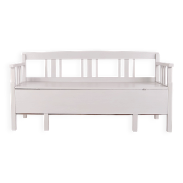 Antique storage bench – grey painted – pine wood – 1860s