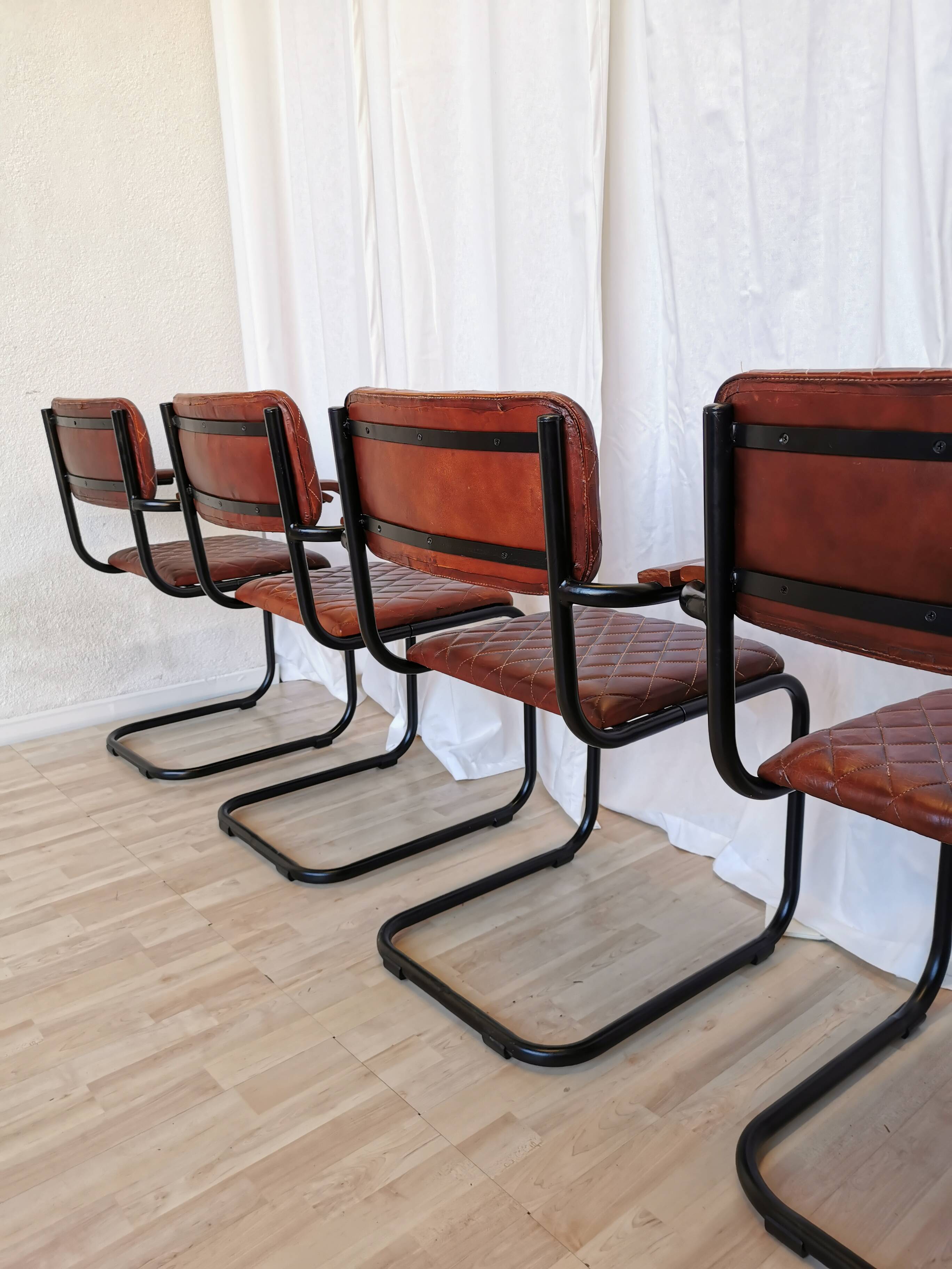 Set of 4 Vintage Quilted Leather Dining Chairs: Black Metal Base