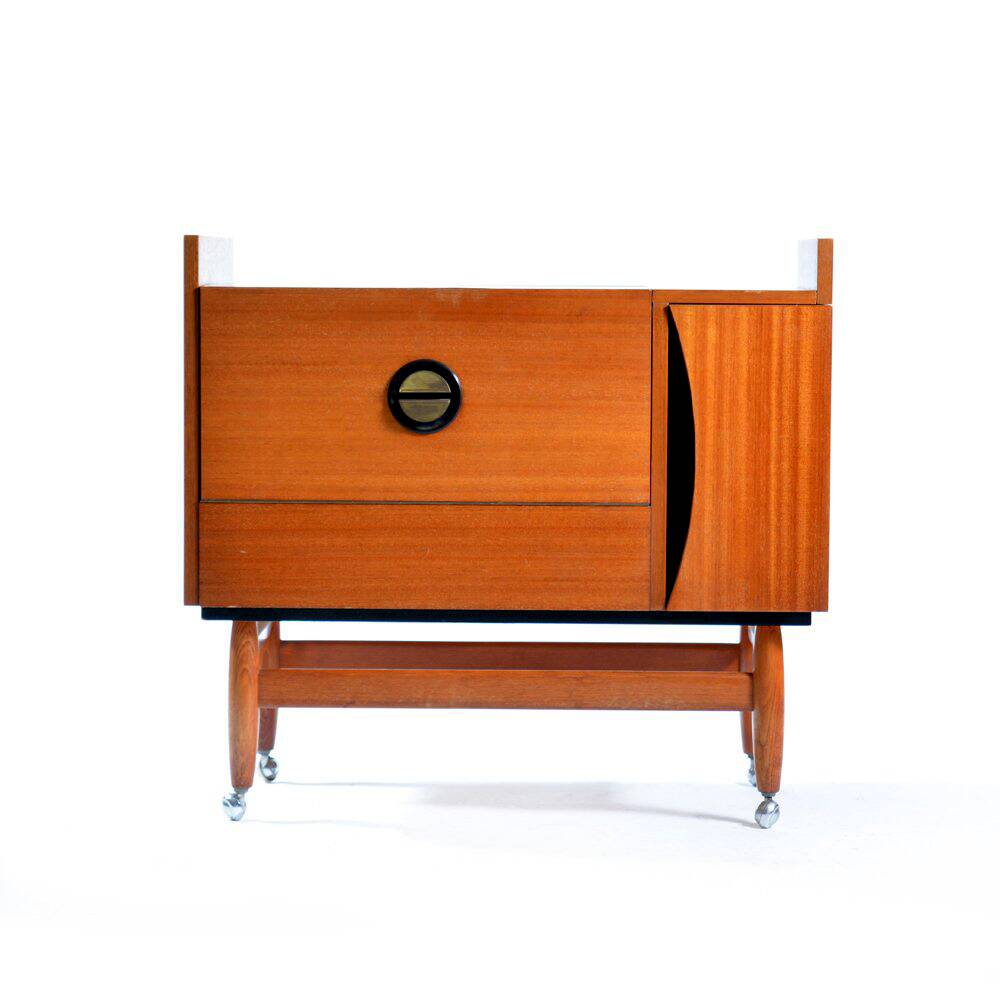 Bar Sideboard On Wheels In Mahagony & Brass, Czechoslovakia 1970