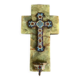 Wall cross with a holy water font in enamel and onyx, 19th century.