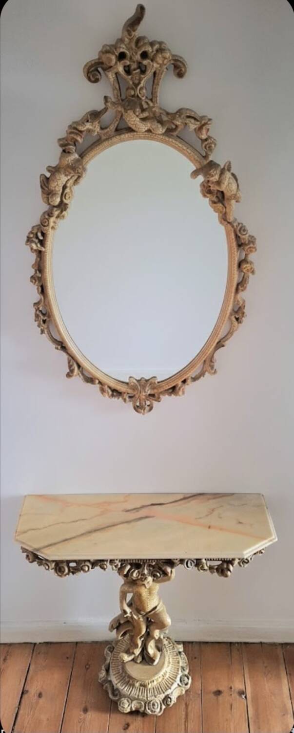 Console and mirror in baroque rococo style, vintage furniture.